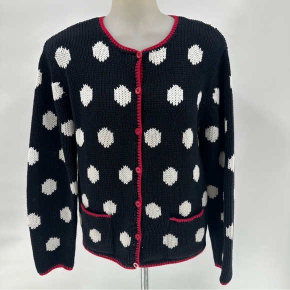 Talbots Sweaters - Talbots Cardigan Sweater Chunky Knit Black Red White Circles Business Casual S